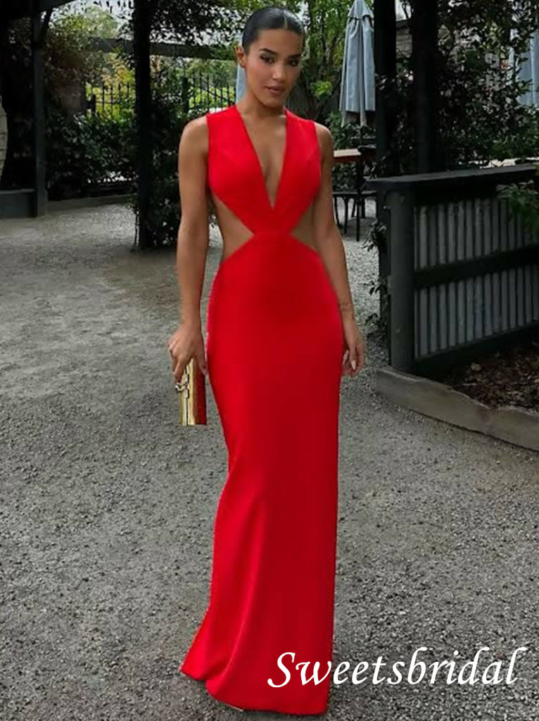 Sexy Red V-neck Open Back Floor Length Prom Dress,SWS2568