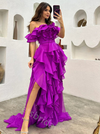 Sexy Off shoulder Sleeveless Ruffle A-line Floor length Prom Dress,SWS2156