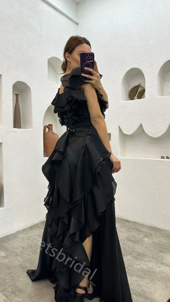 Sexy Off shoulder Sleeveless Ruffle A-line Floor length Prom Dress,SWS2155