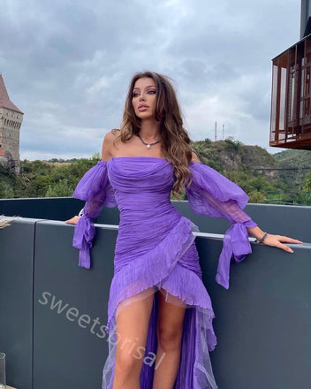 Purple Off Shoulder Sleeveless Mermaid High Low Prom Dress,SWS2219
