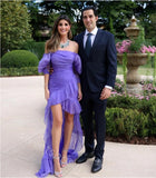 Purple Off Shoulder Sleeveless Mermaid High Low Prom Dress,SWS2219