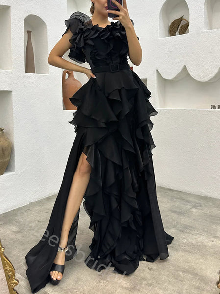 Sexy Off shoulder Sleeveless Ruffle A-line Floor length Prom Dress,SWS2155