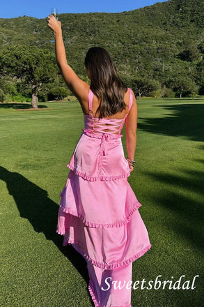 Pink Ruffles Square Side Slit Floor Length Prom Dress,SWS2569