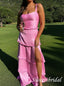 Pink Ruffles Square Side Slit Floor Length Prom Dress,SWS2569