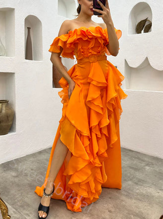 Sexy Off shoulder Sleeveless Ruffle A-line Floor length Prom Dress,SWS2154