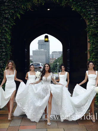 Sexy Square-neck Sleeveless Side Slit Sheath Long Bridesmaid Dresses, SWE1457