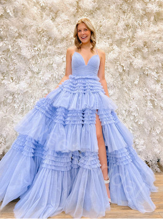 Elegant V-neck Sleeveless Side slit A-line Long Prom Dress,SW1994