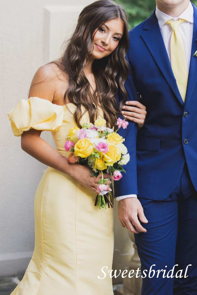 Pretty Yellow Off Shoulder Sleeveless Mermaid Floor Length Prom Dress,SWS2529