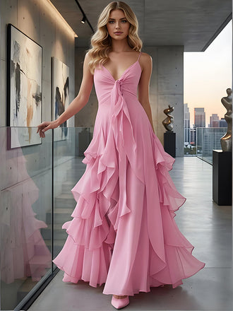 Pink Spaghetti Straps V-Neck Ruffles Sleeveless A-Line Long Prom Party Dress,SWS2601