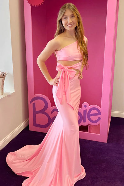 Pink One Shoulder Sleeveless Mermaid Floor Length Prom Dress,SWS2242