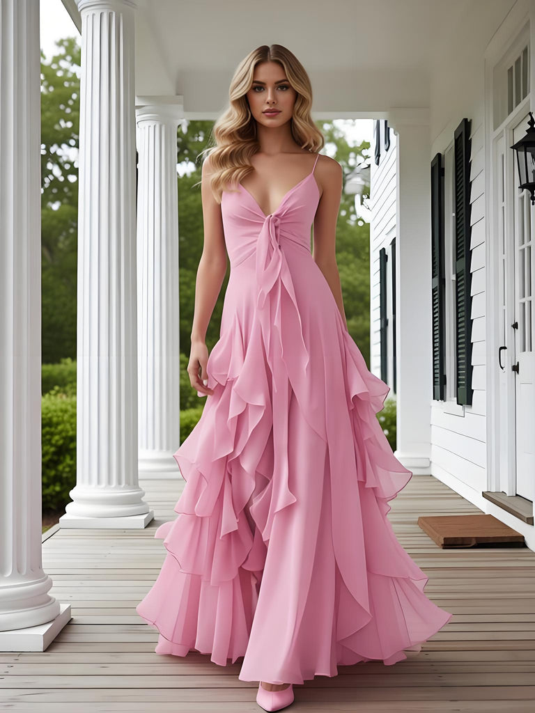 Pink Spaghetti Straps V-Neck Ruffles Sleeveless A-Line Long Prom Party Dress,SWS2601