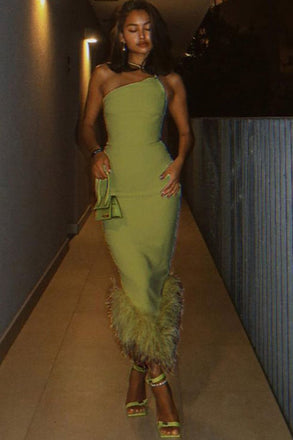 Moss Green One Shoulder Sleeveless Sheath Long Prom Dress,SWS2326