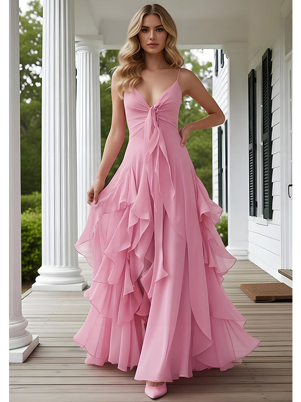 Pink Spaghetti Straps V-Neck Ruffles Sleeveless A-Line Long Prom Party Dress,SWS2601