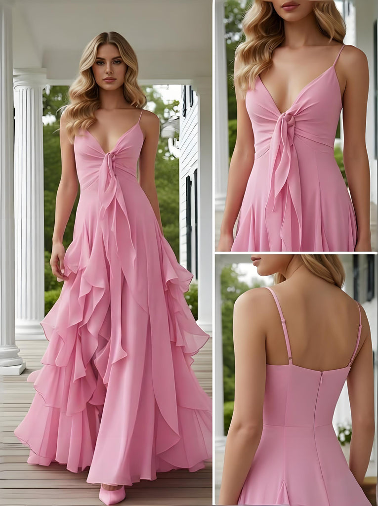 Pink Spaghetti Straps V-Neck Ruffles Sleeveless A-Line Long Prom Party Dress,SWS2601