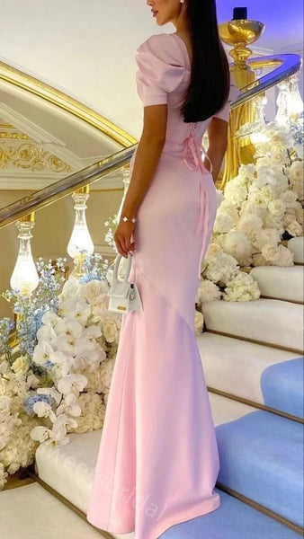 Gummy Pink Short Sleeves Mermaid Floor Length Prom Dress,SWS2377