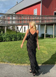 Black Ruffle V-neck Sleeveless Mermaid Floor Length  Prom Dress,SWS2299