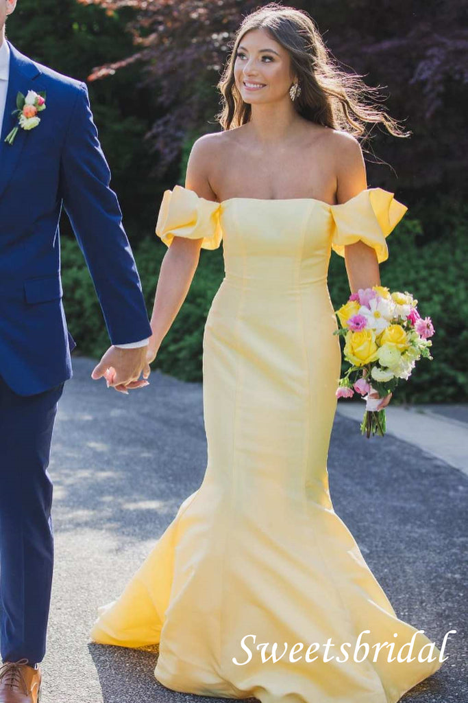 Pretty Yellow Off Shoulder Sleeveless Mermaid Floor Length Prom Dress,SWS2529