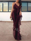 Elegant V-neck Sleeveless Ruffle Mermaid Long Prom Dress,SW2033