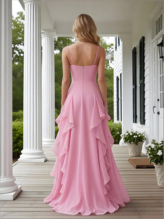 Pink Spaghetti Straps V-Neck Ruffles Sleeveless A-Line Long Prom Party Dress,SWS2601