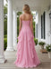 Pink Spaghetti Straps V-Neck Ruffles Sleeveless A-Line Long Prom Party Dress,SWS2601