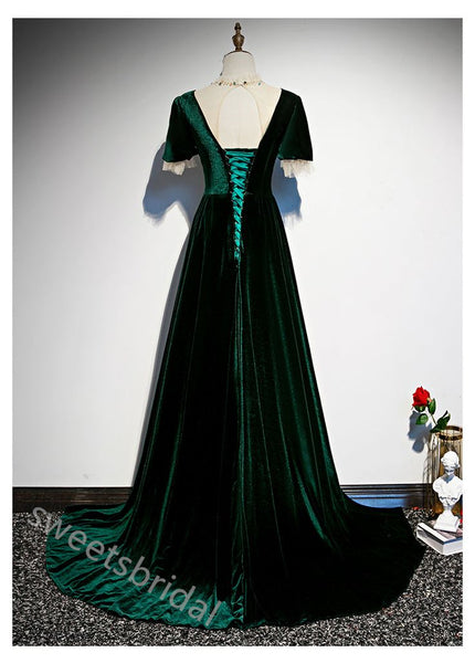 Velvet V-neck Short Sleeves A-line Floor Length  Prom Dress,SWS2292