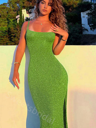 Sexy Square Neckline Sleeveless Side Slit Sheath  Long Prom Dress,SWS2139