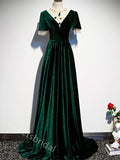 Velvet V-neck Short Sleeves A-line Floor Length  Prom Dress,SWS2292