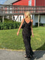 Black Ruffle V-neck Sleeveless Mermaid Floor Length  Prom Dress,SWS2299