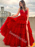 Red Charming V-neck Sleeveless Side slit A-line Long Prom Dress,SW2028