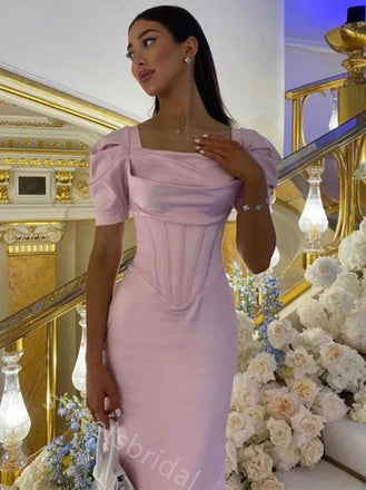 Gummy Pink Short Sleeves Mermaid Floor Length Prom Dress,SWS2377