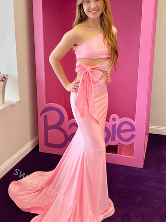Pink One Shoulder Sleeveless Mermaid Floor Length Prom Dress,SWS2242
