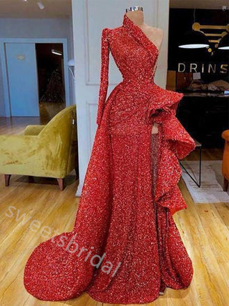 Red Sparkly Ruffle One Shoulder Side Slit Mermaid Floor Length  Prom Dress,SWS2278