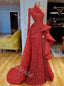 Red Sparkly Ruffle One Shoulder Side Slit Mermaid Floor Length  Prom Dress,SWS2278