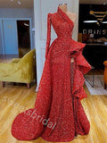 Red Sparkly Ruffle One Shoulder Side Slit Mermaid Floor Length  Prom Dress,SWS2278