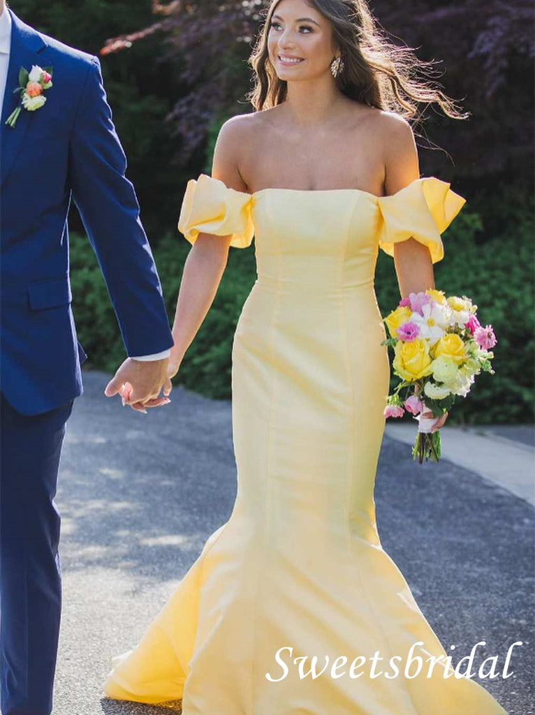 Pretty Yellow Off Shoulder Sleeveless Mermaid Floor Length Prom Dress,SWS2529