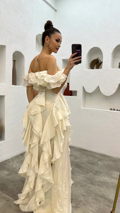 Sexy Off shoulder Sleeveless Ruffle A-line Floor length Prom Dress,SWS2152