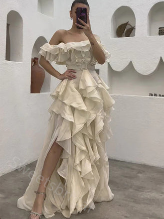 Sexy Off shoulder Sleeveless Ruffle A-line Floor length Prom Dress,SWS2152