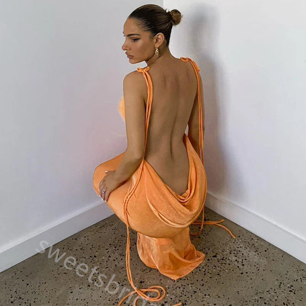 Orange Jewel Sleeveless Open Back Mermaid Floor Length Prom Dress,SWS2388