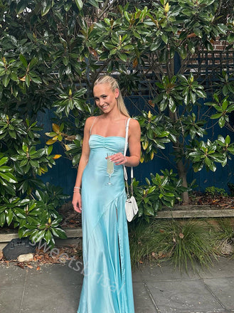 Sky Blue Simple Sleeveless Side Slit  Mermaid Floor Length Prom Dress,SWS2193