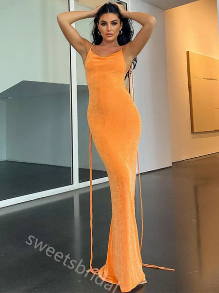 Orange Jewel Sleeveless Open Back Mermaid Floor Length Prom Dress,SWS2388