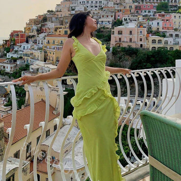 Ruffle V-neck Sleeveless Side Slit Mermaid Floor Length Prom Dress,SWS2386