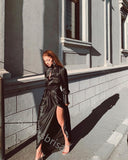 Black Long Sleeves Side Slit  A-line Floor Length Prom Dress,SWS2192