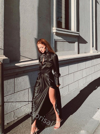 Black Long Sleeves Side Slit  A-line Floor Length Prom Dress,SWS2192