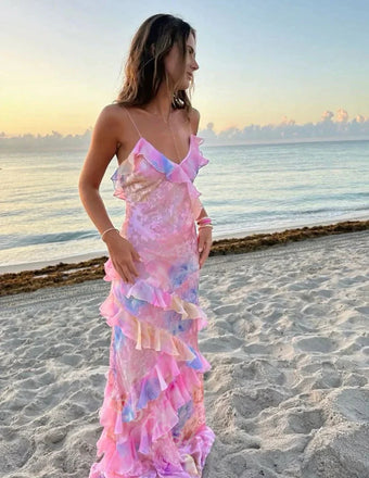Colorful V-neck Sleeveless Ruffle Mermaid Floor Length  Prom Dress,SWS2220