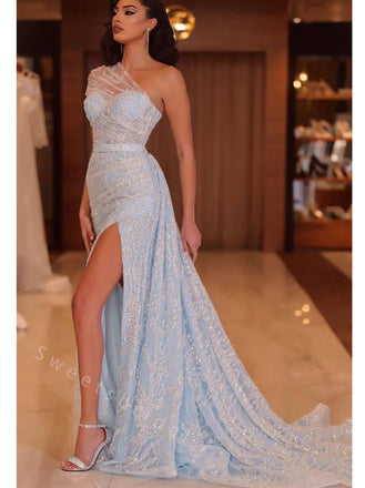 Sexy One shoulder Side slit Mermaid Long Prom Dress,SWS2057