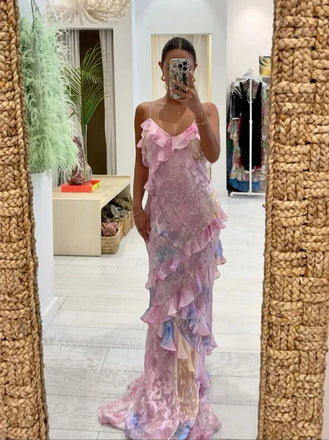 Colorful V-neck Sleeveless Ruffle Mermaid Floor Length  Prom Dress,SWS2220