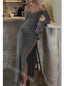 Dark Grey Halter Off Shoulder Side Slit Ruffle Mermaid Floor Length Prom Dress,SWS2191