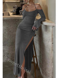 Dark Grey Halter Off Shoulder Side Slit Ruffle Mermaid Floor Length Prom Dress,SWS2191