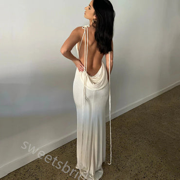 Ivory Jewel Sleeveless Open Back Mermaid Floor Length Prom Dress,SWS2389