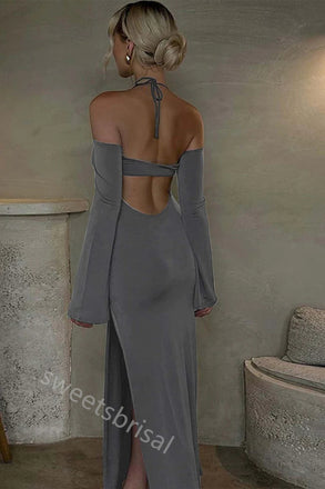 Dark Grey Halter Off Shoulder Side Slit Ruffle Mermaid Floor Length Prom Dress,SWS2191